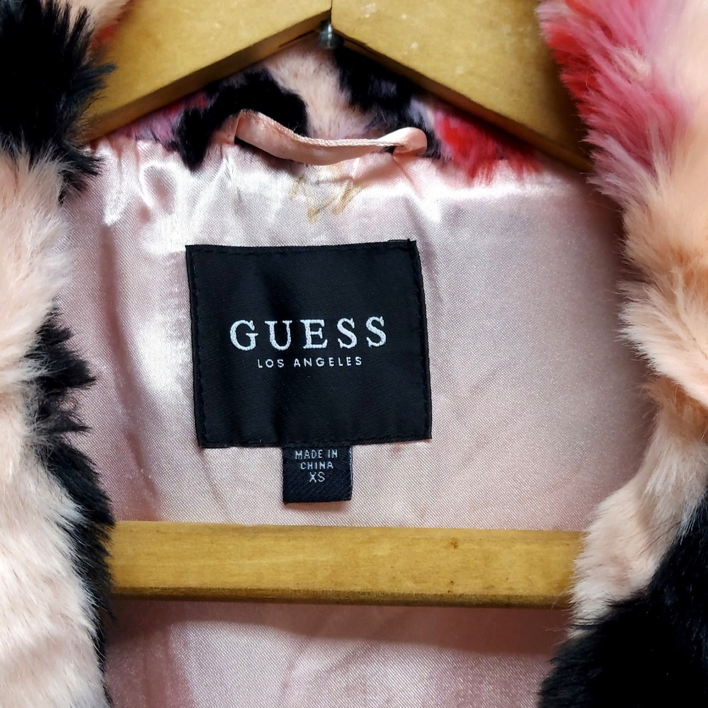 GUESS Faux Fur Floral Coat Womens XS Pink Cherry Blossom Y2K Glam Luxe Jacket - Picture 9 of 16